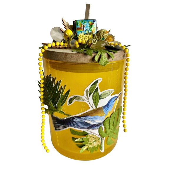 Blue Bird Upcycled Assemblage Art Upcycled Candle Holder Yellow Glass Storage - Picture 1 of 10